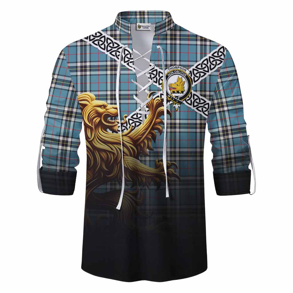 Tartan Vibes Clothing Thompson (Thomson) Crest Tartan Ghillie Kilt Shirt with Golden Lion Emblem Celtic Style