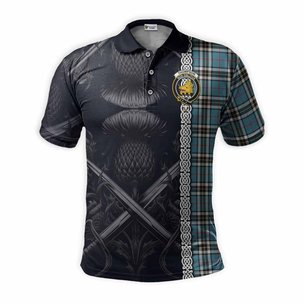Tartan Vibes Clothing Thompson (Thomson) Tartan Polo Shirt with Family Crest Cross Sword Thistle Celtic Vibes
