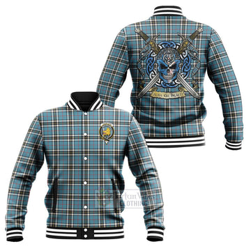 Tartan Vibes Clothing Thompson (Thomson) Tartan Baseball Jacket with Family Crest Celtic Skull Style