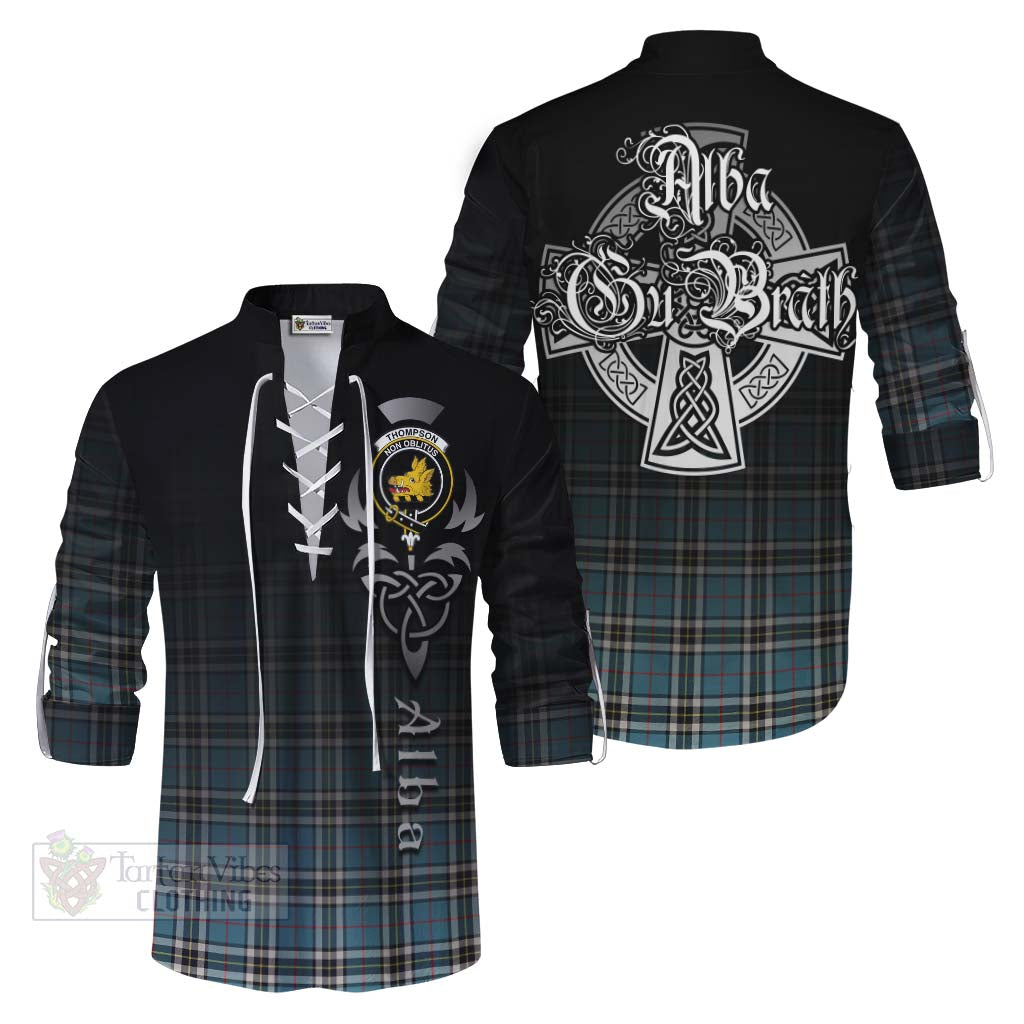 Tartan Vibes Clothing Thompson (Thomson) Tartan Ghillie Kilt Shirt Featuring Alba Gu Brath Family Crest Celtic Inspired