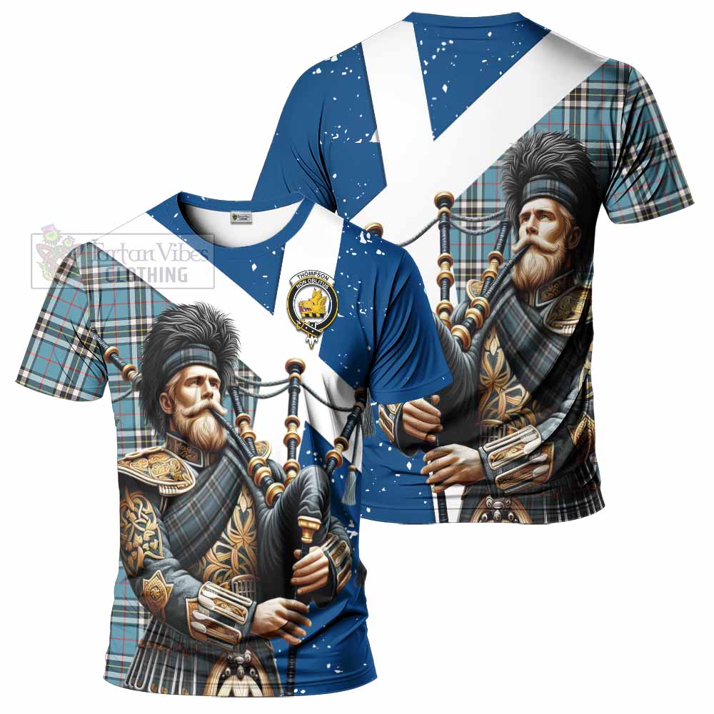Tartan Vibes Clothing Thompson (Thomson) Tartan T-Shirt with Family Crest Scottish Bagpiper Vibes