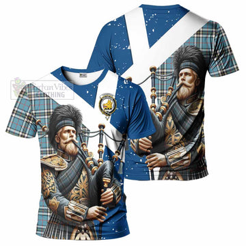 Tartan Vibes Clothing Thompson (Thomson) Tartan T-Shirt with Family Crest Scottish Bagpiper Vibes
