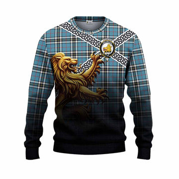 Tartan Vibes Clothing Thompson (Thomson) Crest Tartan Knitted Sweater with Golden Lion Emblem Celtic Style