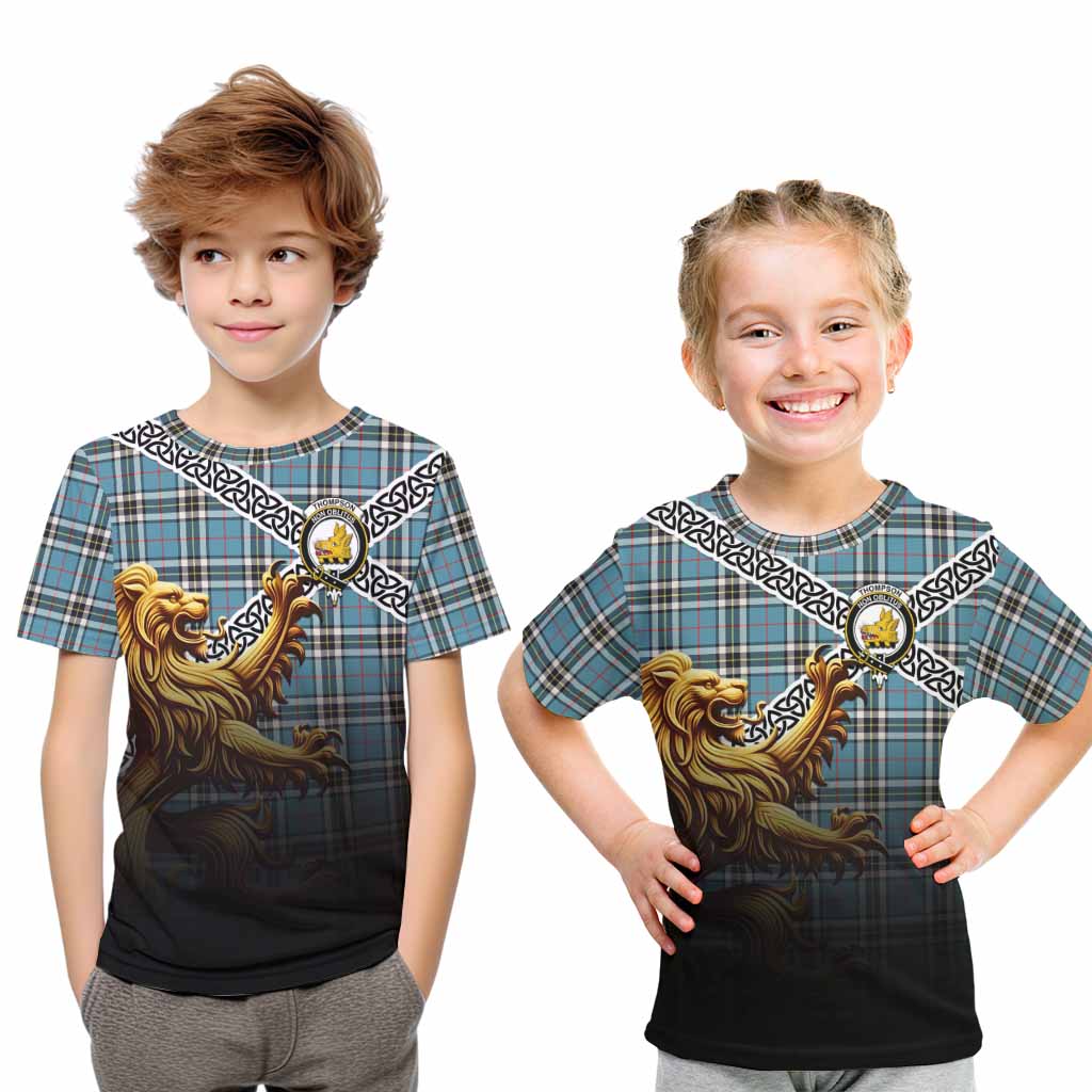 Tartan Vibes Clothing Thompson (Thomson) Crest Tartan Kid T-Shirt with Golden Lion Emblem Celtic Style