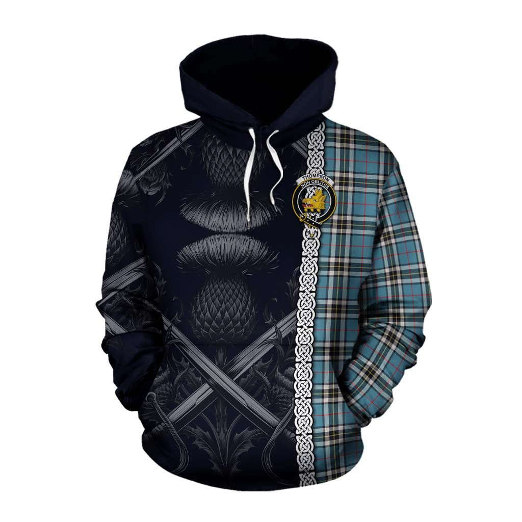 Tartan Vibes Clothing Thompson (Thomson) Tartan Cotton Hoodie with Family Crest Cross Sword Thistle Celtic Vibes