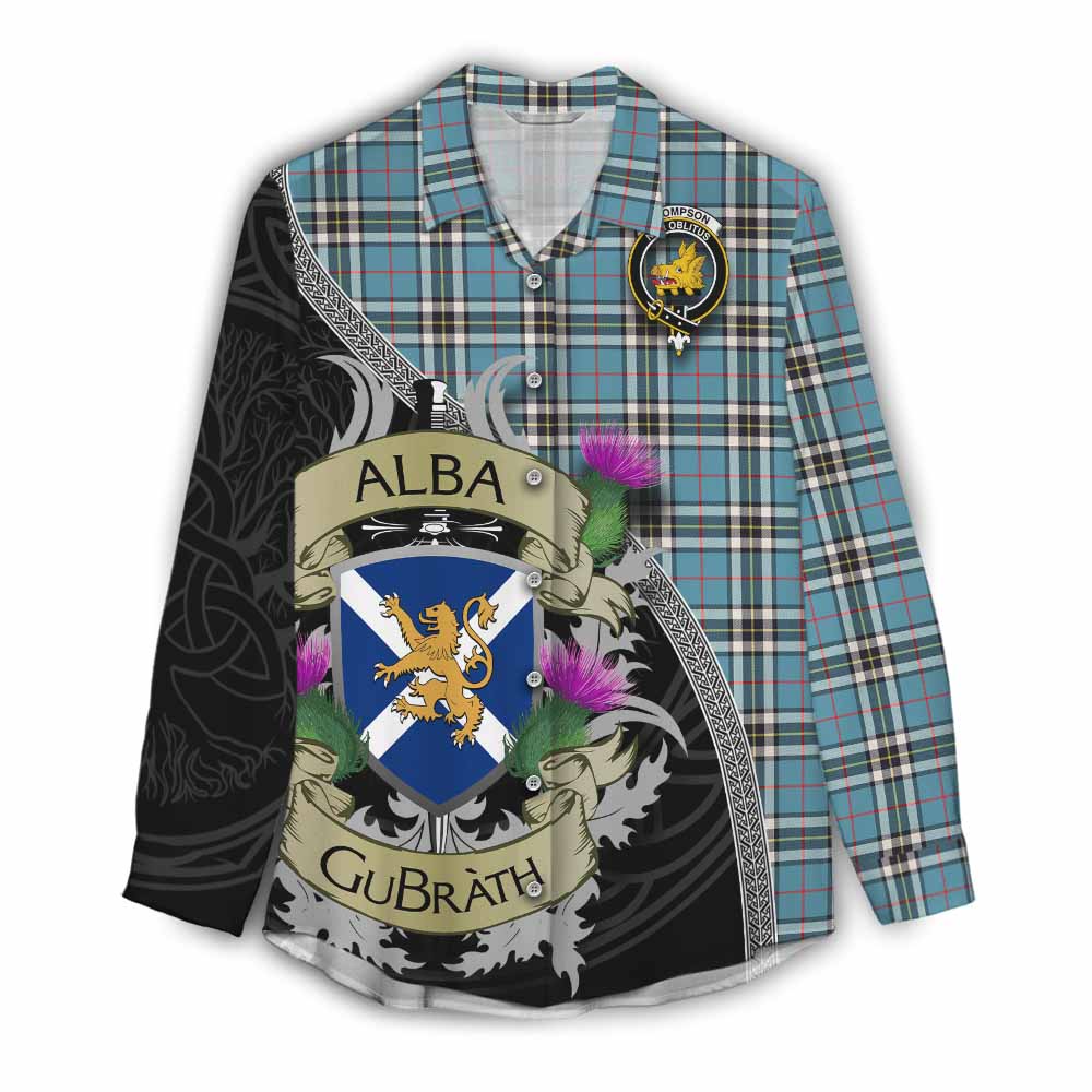 Tartan Vibes Clothing Thompson (Thomson) Tartan Family Crest Women's Casual Shirt Lion Rampant Royal Thistle Shield Celtic Inspired