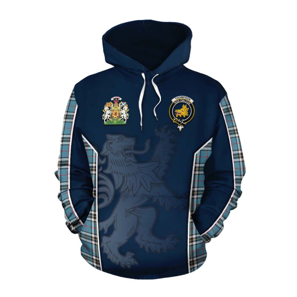 Tartan Vibes Clothing Thompson (Thomson) Tartan Cotton Hoodie with Family Crest and Lion Rampant Vibes Sport Style