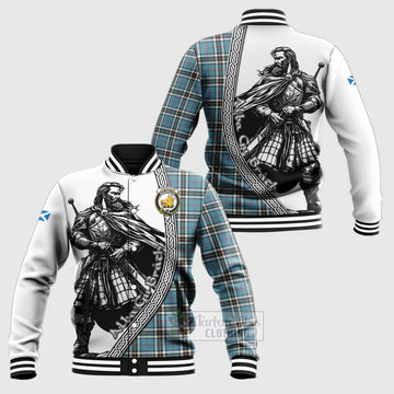 Tartan Vibes Clothing Thompson (Thomson) Tartan Clan Crest Baseball Jacket with Highlander Warrior Celtic Style