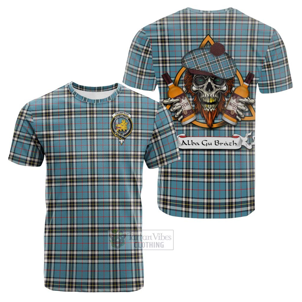 Tartan Vibes Clothing Thompson (Thomson) Tartan Cotton T-shirt with Family Crest and Bearded Skull Holding Bottles of Whiskey