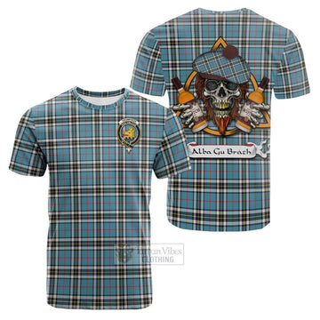 Tartan Vibes Clothing Thompson (Thomson) Tartan Cotton T-shirt with Family Crest and Bearded Skull Holding Bottles of Whiskey
