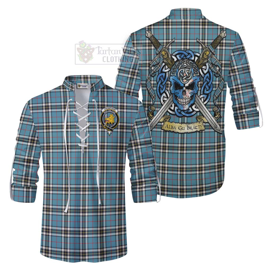 Tartan Vibes Clothing Thompson (Thomson) Tartan Ghillie Kilt Shirt with Family Crest Celtic Skull Style