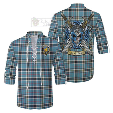 Tartan Vibes Clothing Thompson (Thomson) Tartan Ghillie Kilt Shirt with Family Crest Celtic Skull Style
