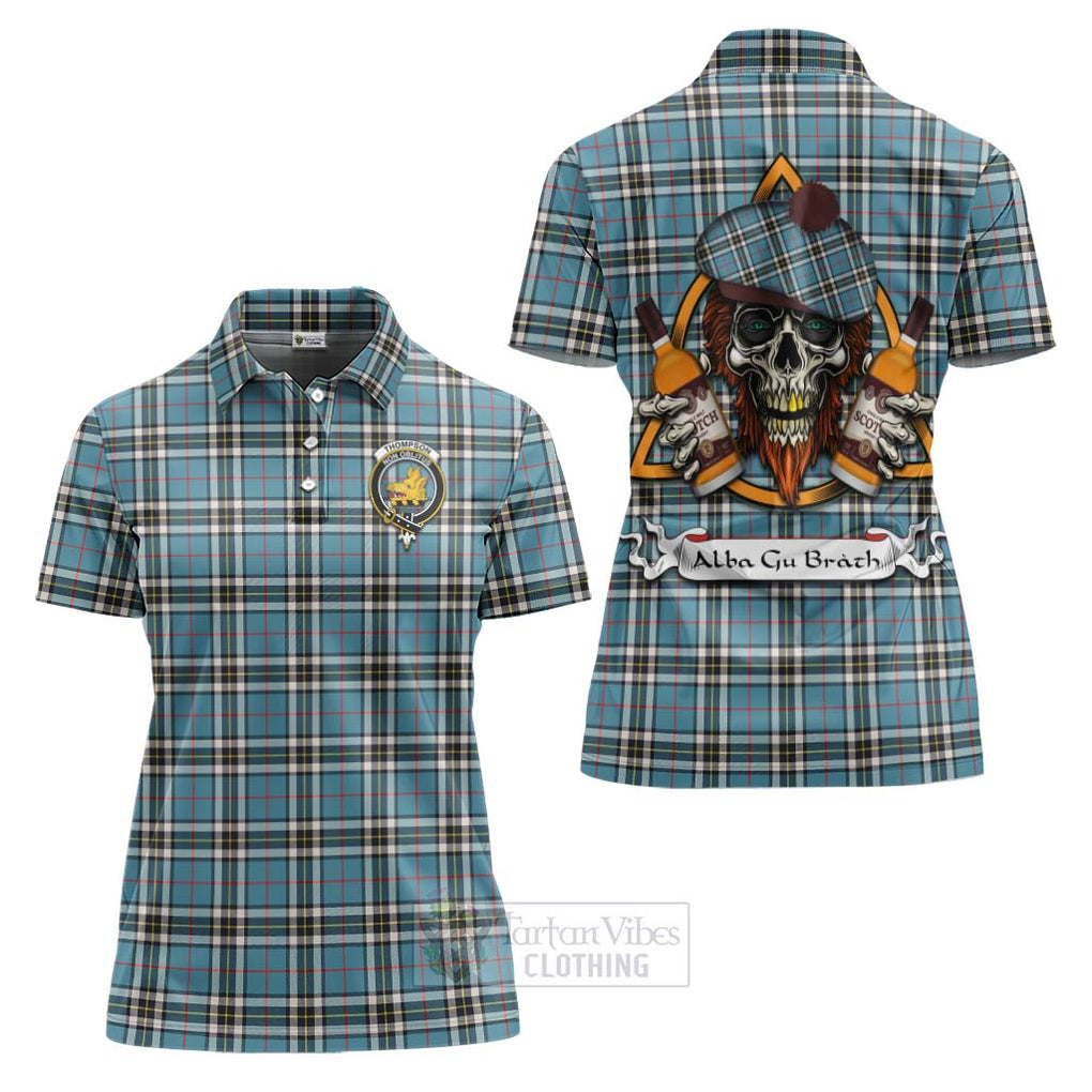 Tartan Vibes Clothing Thompson (Thomson) Tartan Women's Polo Shirt with Family Crest and Bearded Skull Holding Bottles of Whiskey