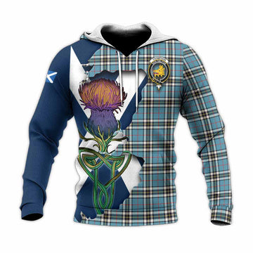 Tartan Vibes Clothing Thompson (Thomson) Tartan Family Crest Knitted Hoodie Scottish Thistle Celtic Inspired