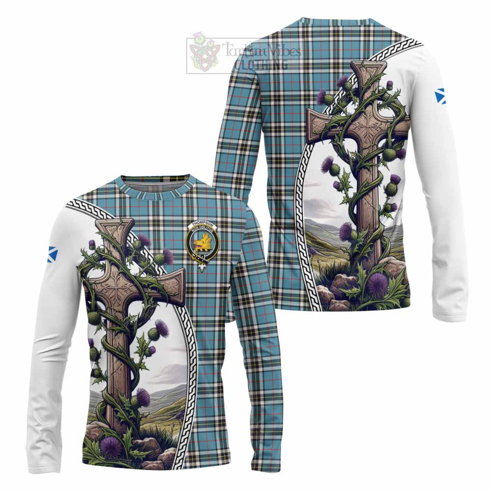 Tartan Vibes Clothing Thompson (Thomson) Tartan Long Sleeve T-Shirt with Family Crest and St. Andrew's Cross Accented by Thistle Vines
