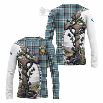 Tartan Vibes Clothing Thompson (Thomson) Tartan Long Sleeve T-Shirt with Family Crest and St. Andrew's Cross Accented by Thistle Vines