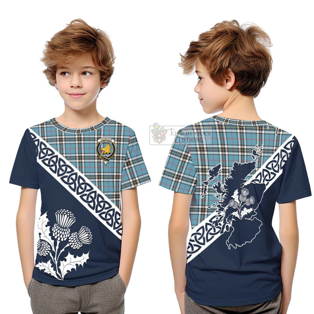 Tartan Vibes Clothing Thompson (Thomson) Tartan Kid T-Shirt Featuring Thistle and Scotland Map