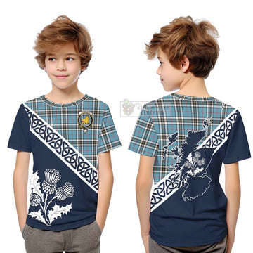 Tartan Vibes Clothing Thompson (Thomson) Tartan Kid T-Shirt Featuring Thistle and Scotland Map