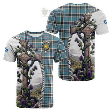 Tartan Vibes Clothing Thompson (Thomson) Tartan Cotton T-shirt with Family Crest and St. Andrew's Cross Accented by Thistle Vines
