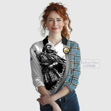 Tartan Vibes Clothing Thompson (Thomson) Tartan Clan Crest Women's Casual Shirt with Highlander Warrior Celtic Style