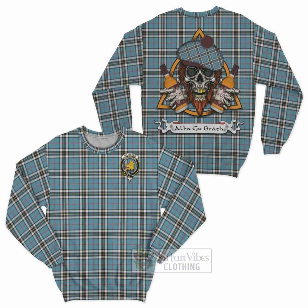 Tartan Vibes Clothing Thompson (Thomson) Tartan Sweatshirt with Family Crest and Bearded Skull Holding Bottles of Whiskey