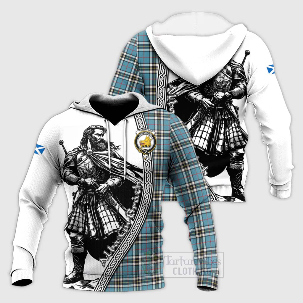 Tartan Vibes Clothing Thompson (Thomson) Tartan Clan Crest Knitted Hoodie with Highlander Warrior Celtic Style
