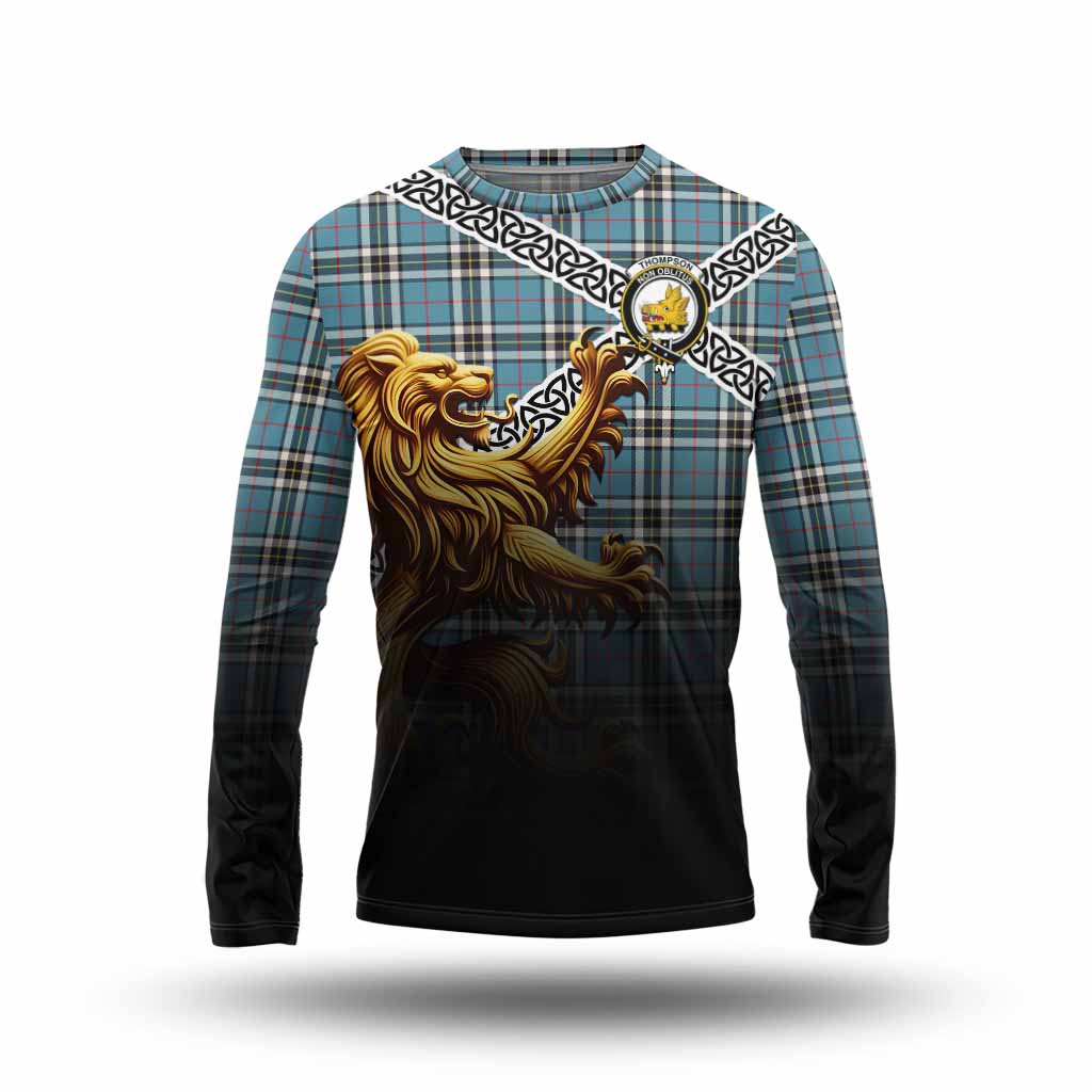 Tartan Vibes Clothing Thompson (Thomson) Crest Tartan Long Sleeve T-Shirt with Golden Lion Emblem Celtic Style