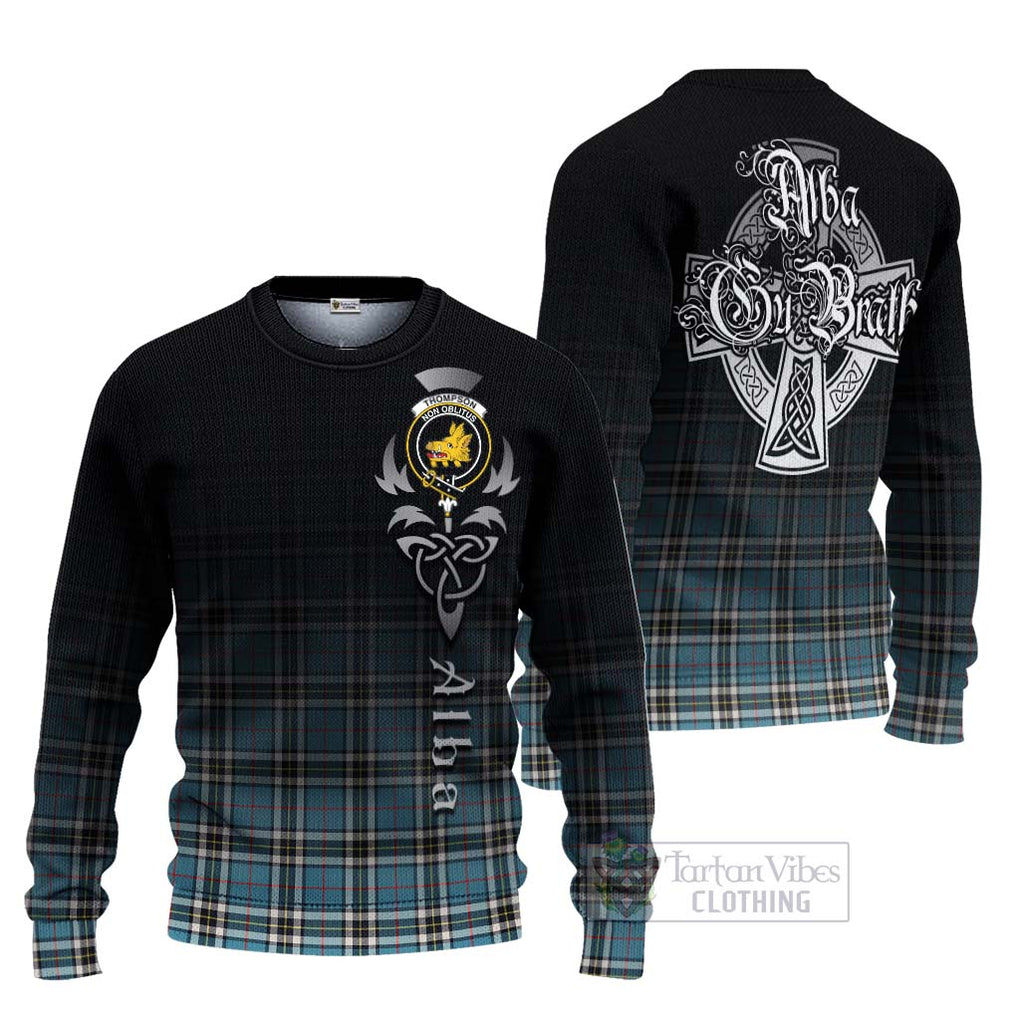 Tartan Vibes Clothing Thompson (Thomson) Tartan Knitted Sweater Featuring Alba Gu Brath Family Crest Celtic Inspired