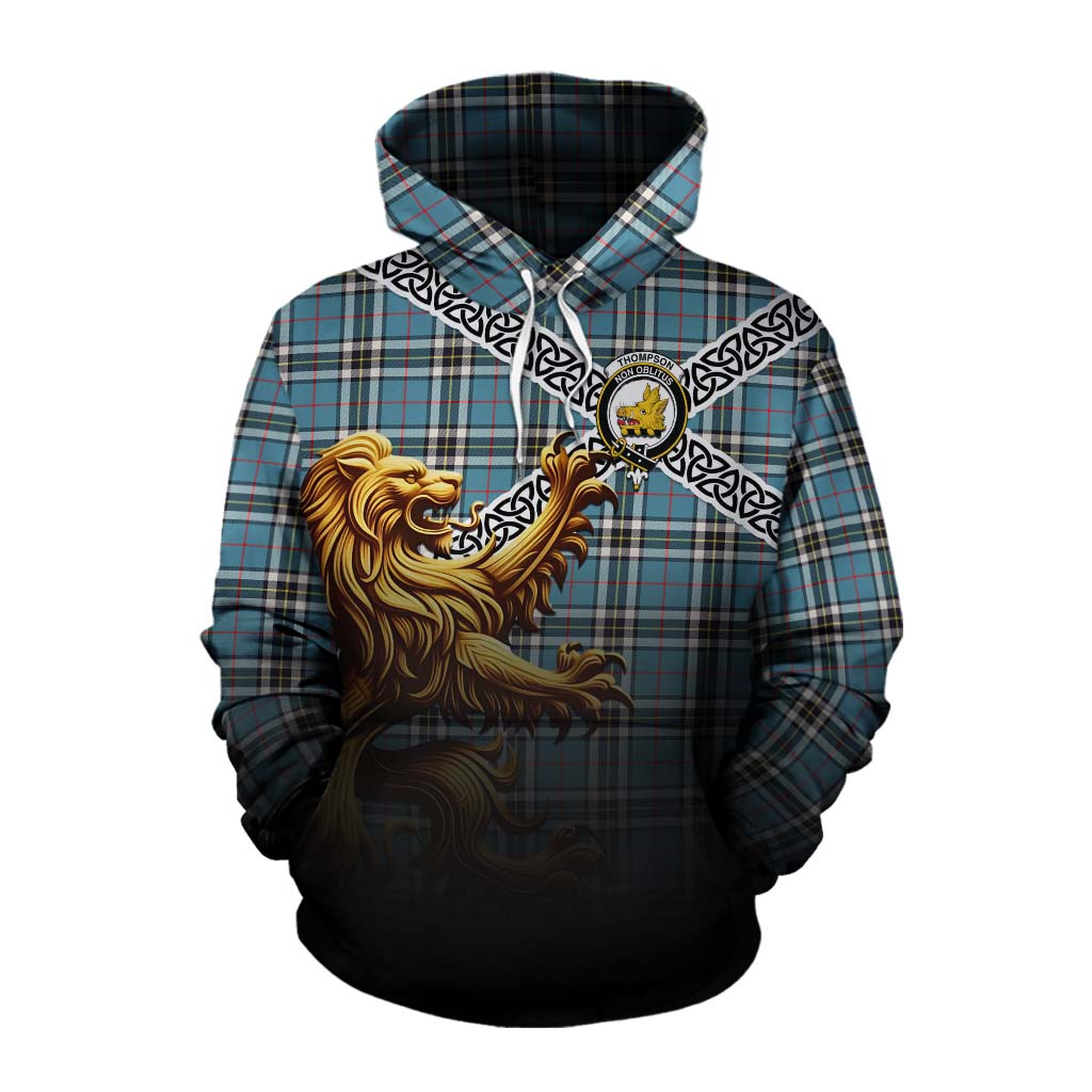 Tartan Vibes Clothing Thompson (Thomson) Crest Tartan Cotton Hoodie with Golden Lion Emblem Celtic Style