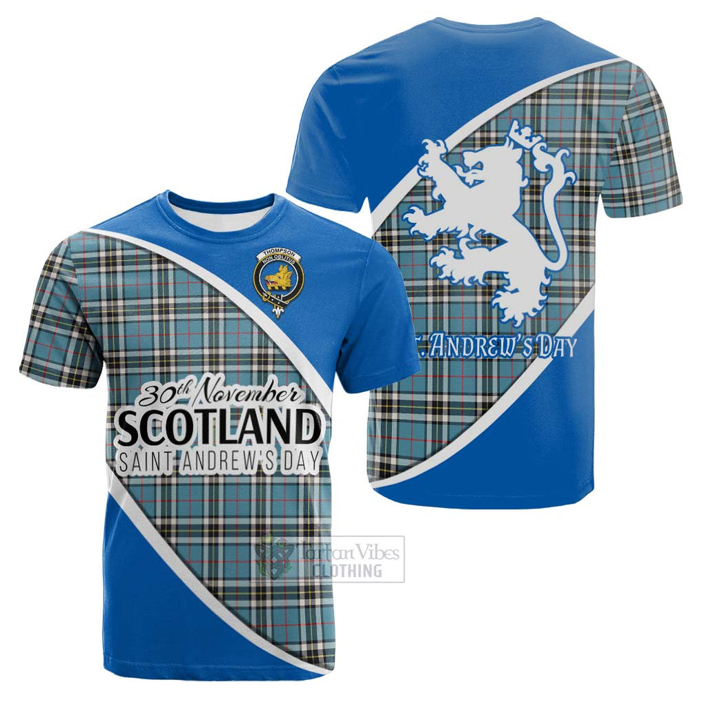 Tartan Vibes Clothing Thompson (Thomson) Family Crest Tartan Cotton T-shirt Celebrate Saint Andrew's Day in Style