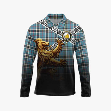 Tartan Vibes Clothing Thompson (Thomson) Crest Tartan Long Sleeve Polo Shirt with Golden Lion Emblem Celtic Style
