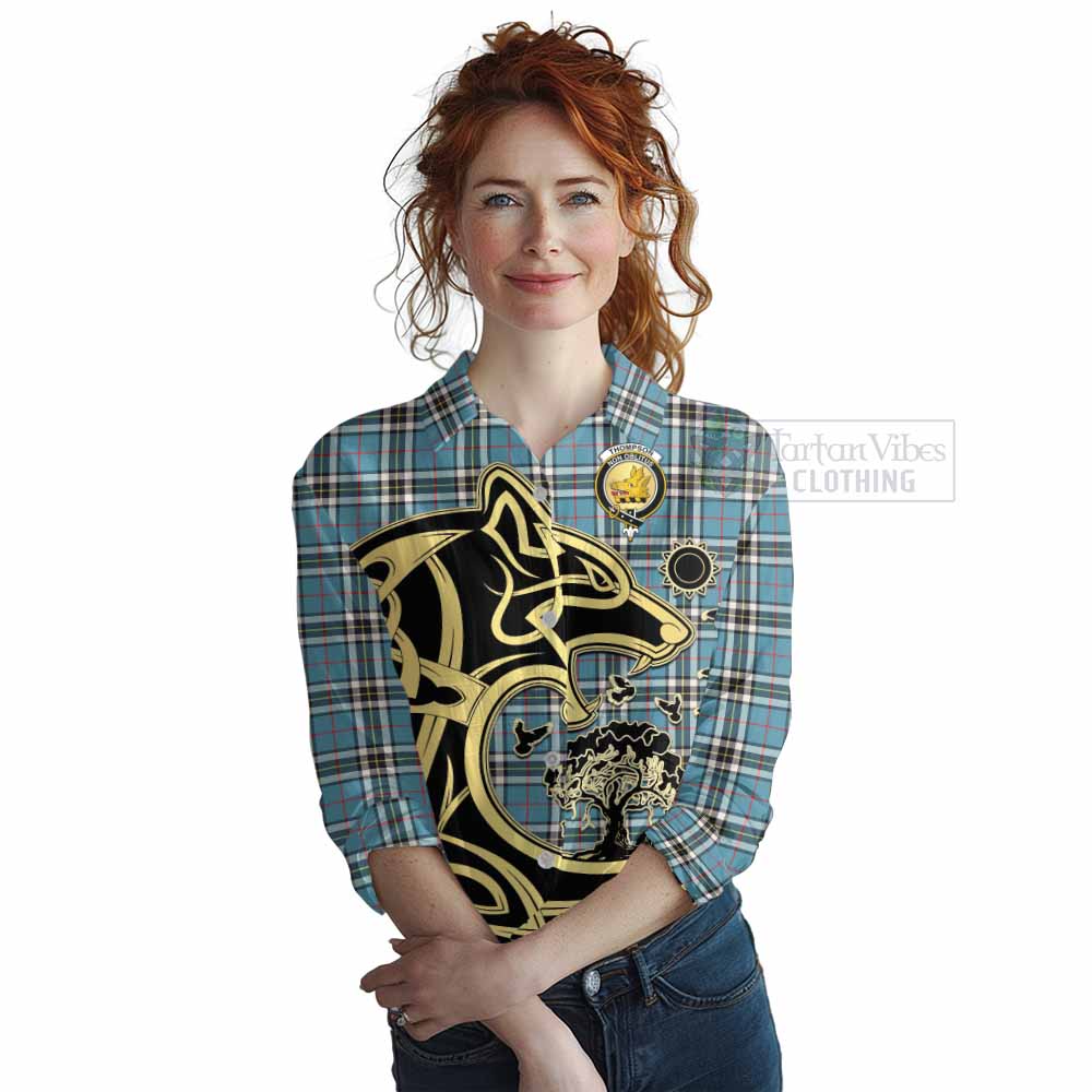 Tartan Vibes Clothing Thompson (Thomson) Tartan Women's Casual Shirt with Family Crest Celtic Wolf Style