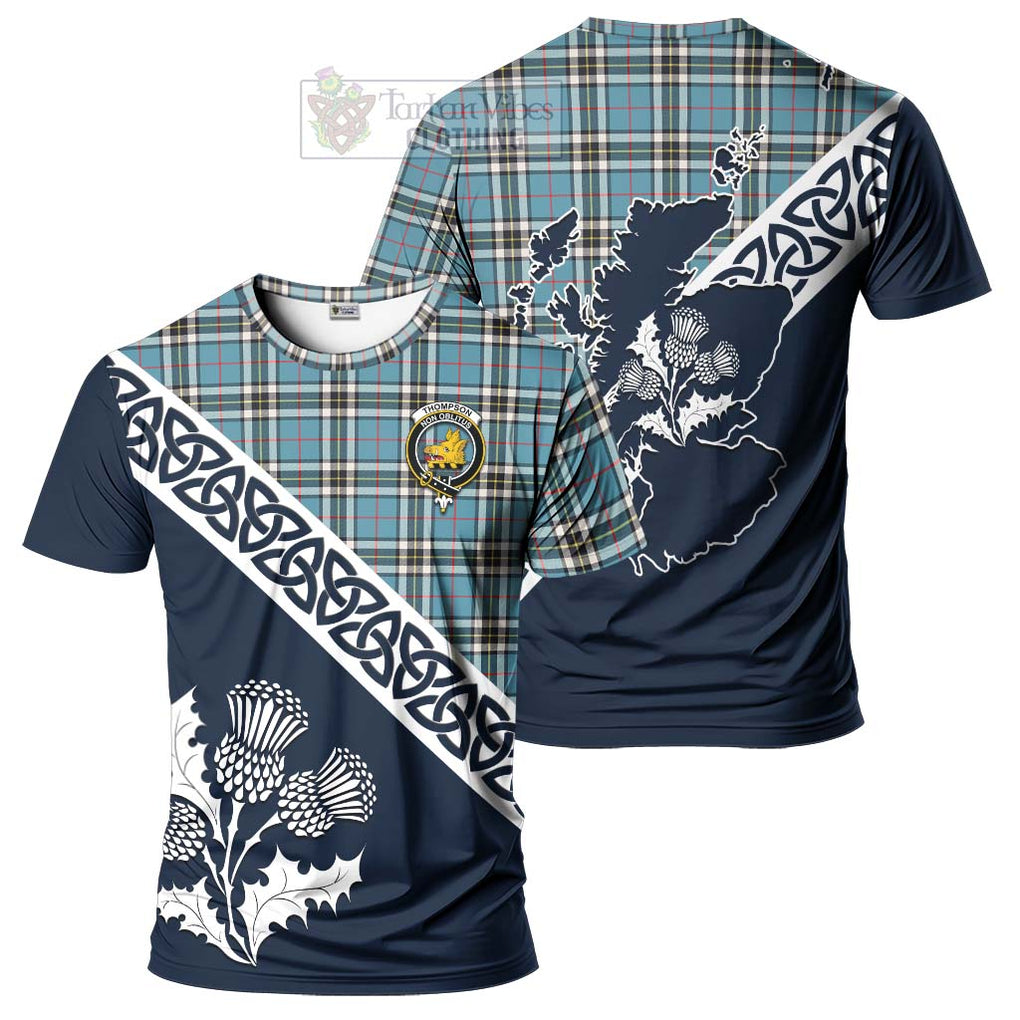 Thompson (Thomson) Tartan T-Shirt Featuring Thistle and Scotland Map