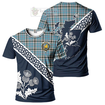 Thompson (Thomson) Tartan T-Shirt Featuring Thistle and Scotland Map