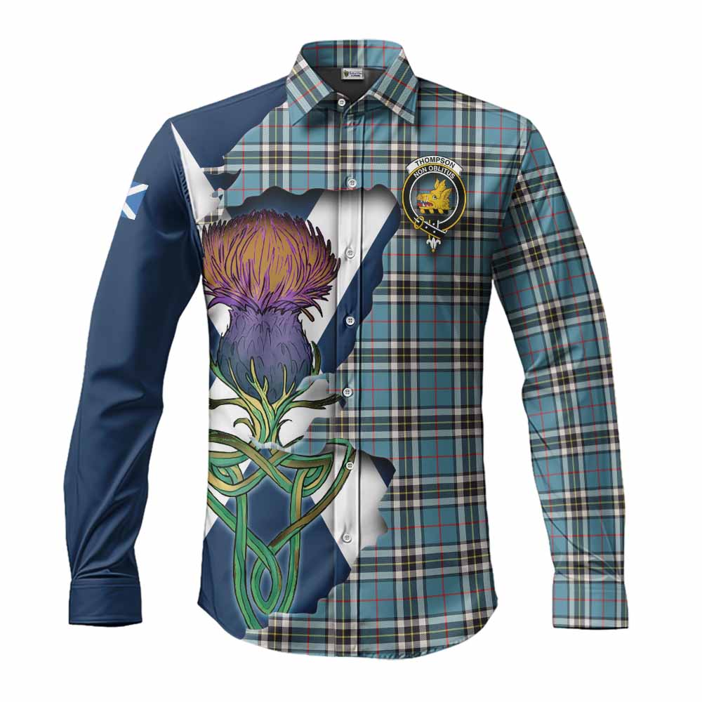Tartan Vibes Clothing Thompson (Thomson) Tartan Family Crest Long Sleeve Button Shirt Scottish Thistle Celtic Inspired