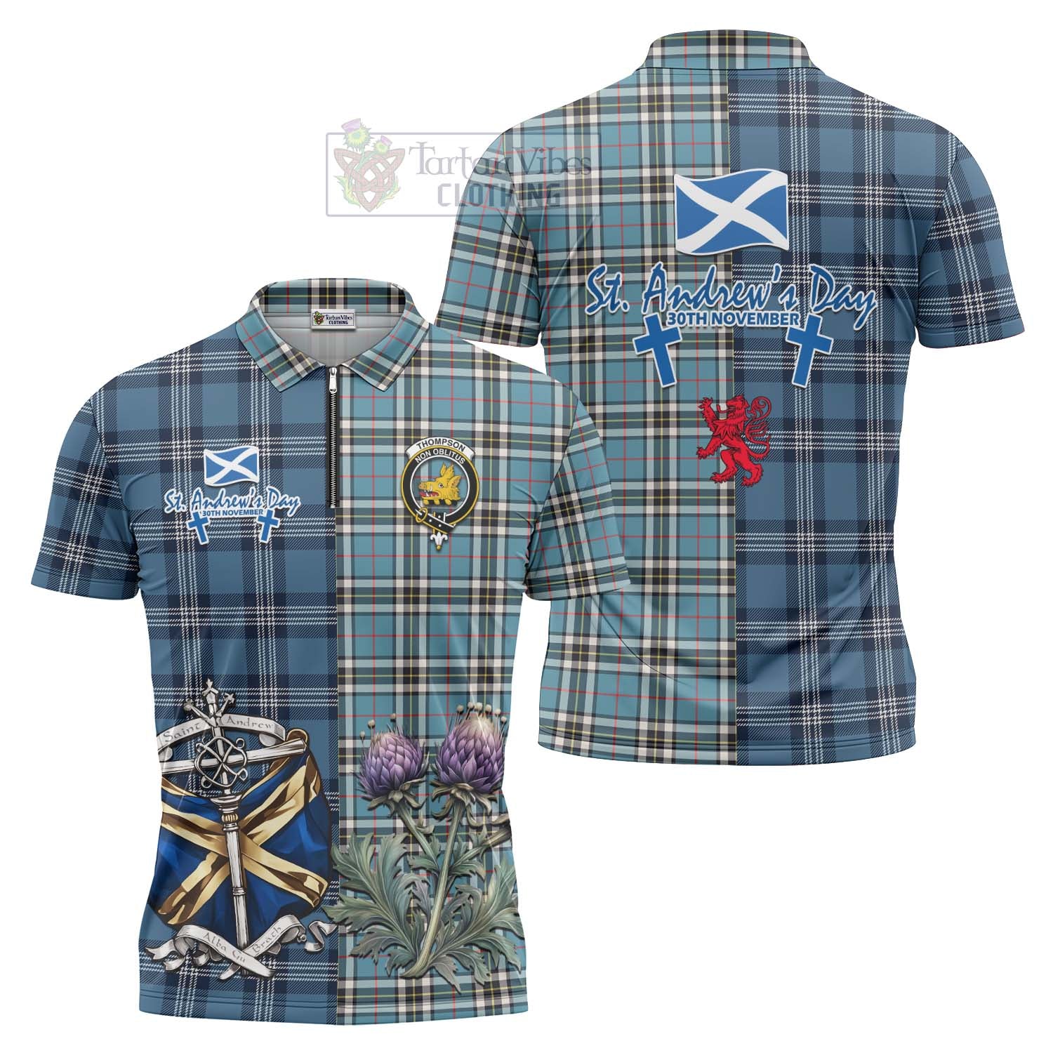 Tartan Vibes Clothing Thompson (Thomson) Tartan Zipper Polo Shirt Happy St. Andrew's Day Half Tartan Style