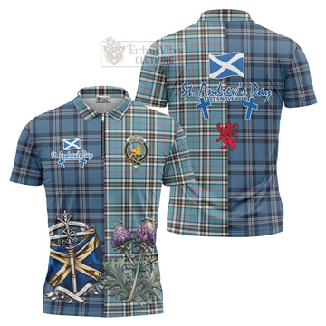 Tartan Vibes Clothing Thompson (Thomson) Tartan Zipper Polo Shirt Happy St. Andrew's Day Half Tartan Style