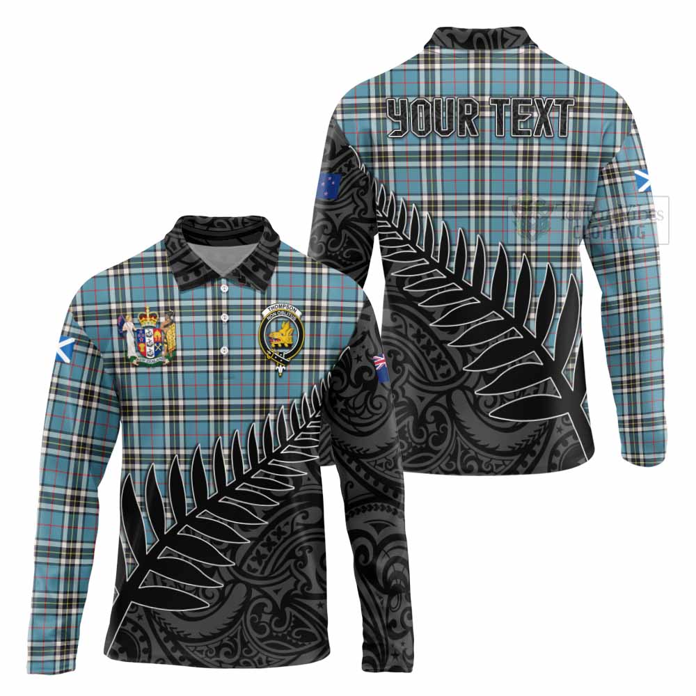 Tartan Vibes Clothing Thompson (Thomson) Crest Tartan Long Sleeve Polo Shirt with New Zealand Silver Fern Half Style
