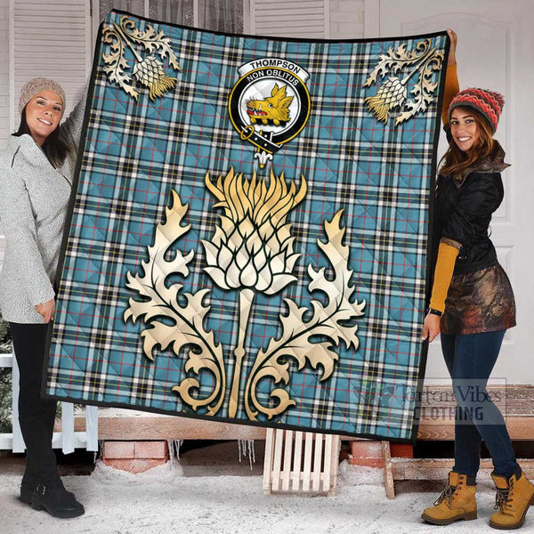 Thompson (Thomson) Tartan Quilt with Family Crest and Golden Thistle Style Super King Quilt 91" x 110" - Tartan Vibes Clothing