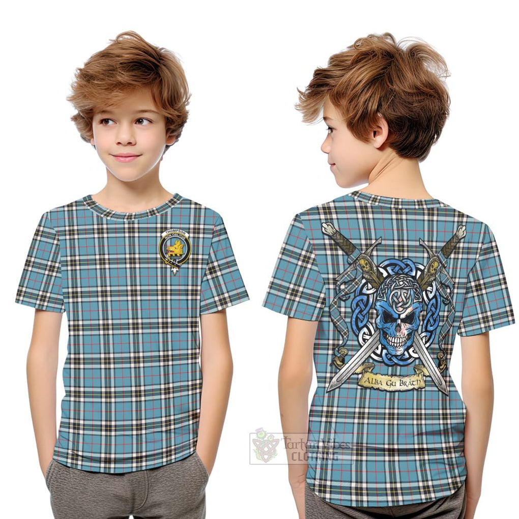 Tartan Vibes Clothing Thompson (Thomson) Tartan Kid T-Shirt with Family Crest Celtic Skull Style
