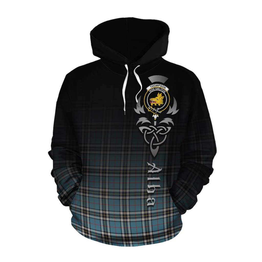 Tartan Vibes Clothing Thompson (Thomson) Tartan Cotton Hoodie Featuring Alba Gu Brath Family Crest Celtic Inspired