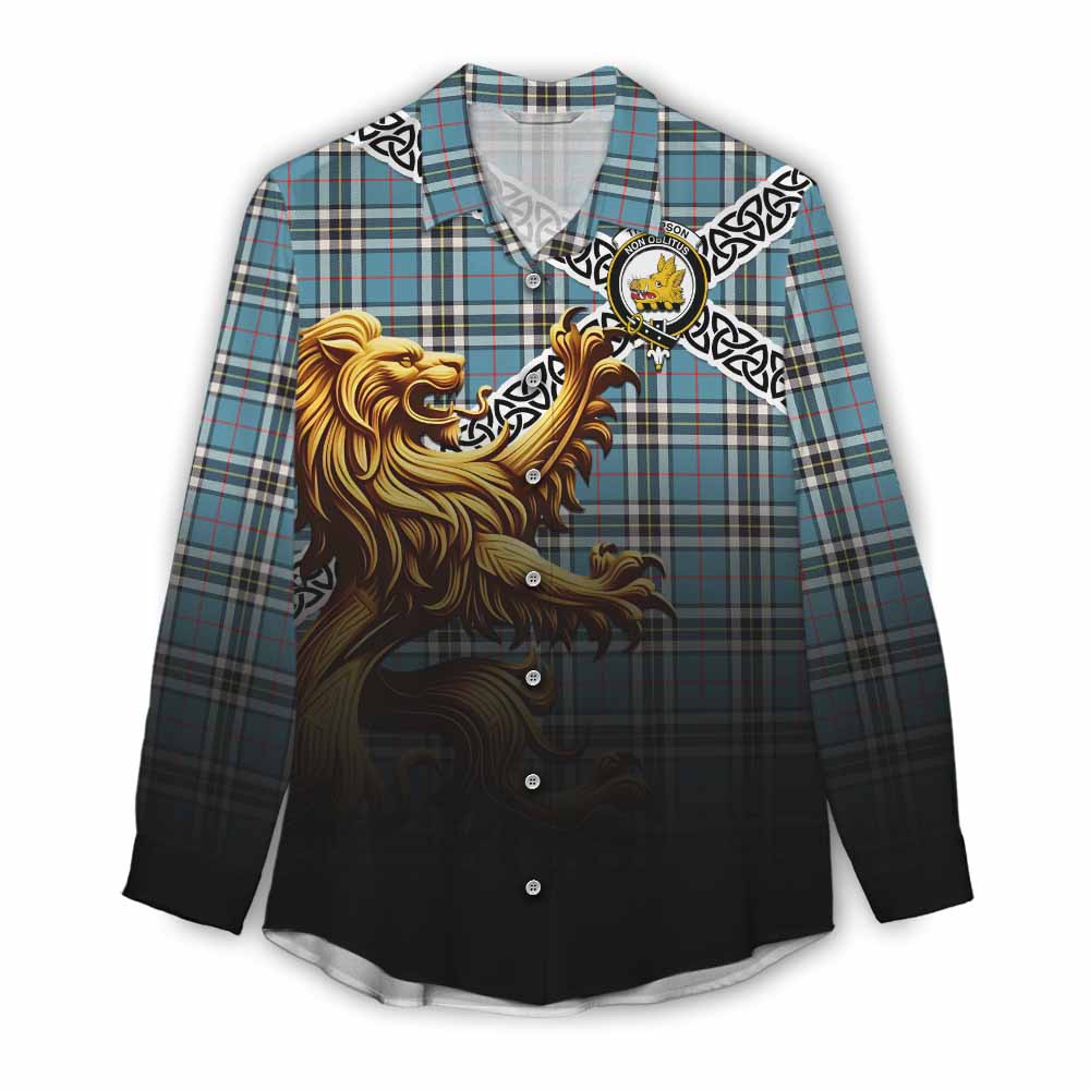 Tartan Vibes Clothing Thompson (Thomson) Crest Tartan Women's Casual Shirt with Golden Lion Emblem Celtic Style
