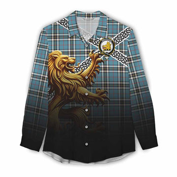 Tartan Vibes Clothing Thompson (Thomson) Crest Tartan Women's Casual Shirt with Golden Lion Emblem Celtic Style