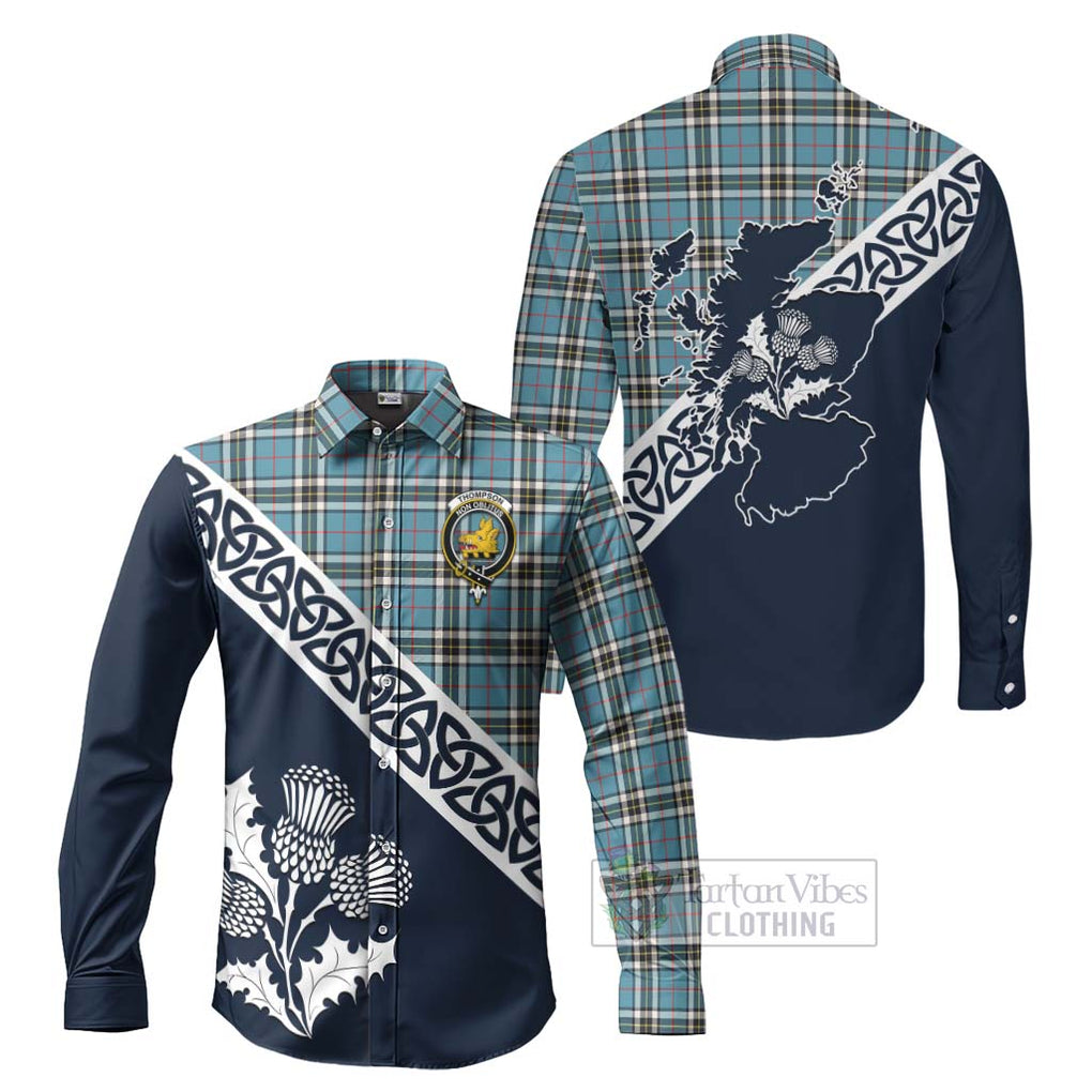 Tartan Vibes Clothing Thompson (Thomson) Tartan Long Sleeve Button Shirt Featuring Thistle and Scotland Map