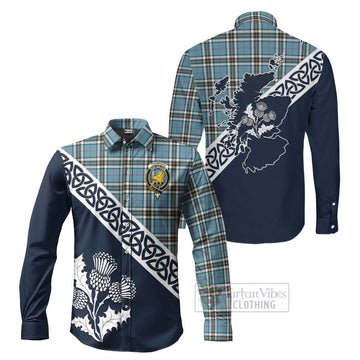 Tartan Vibes Clothing Thompson (Thomson) Tartan Long Sleeve Button Shirt Featuring Thistle and Scotland Map