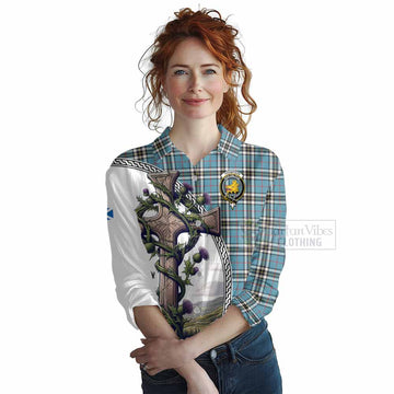 Tartan Vibes Clothing Thompson (Thomson) Tartan Women's Casual Shirt with Family Crest and St. Andrew's Cross Accented by Thistle Vines