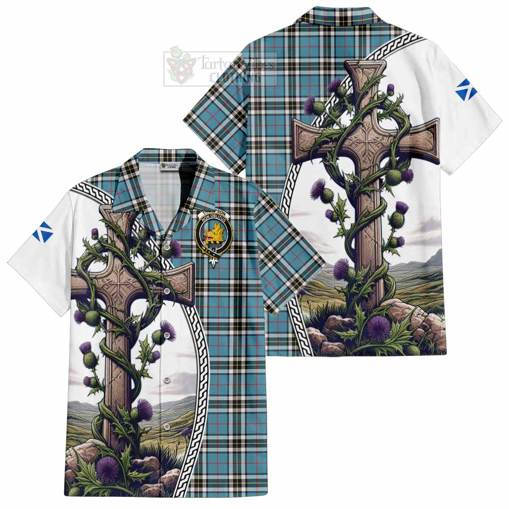 Tartan Vibes Clothing Thompson (Thomson) Tartan Short Sleeve Button Shirt with Family Crest and St. Andrew's Cross Accented by Thistle Vines