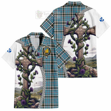 Tartan Vibes Clothing Thompson (Thomson) Tartan Short Sleeve Button Shirt with Family Crest and St. Andrew's Cross Accented by Thistle Vines