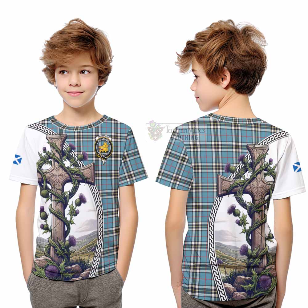 Tartan Vibes Clothing Thompson (Thomson) Tartan Kid T-Shirt with Family Crest and St. Andrew's Cross Accented by Thistle Vines