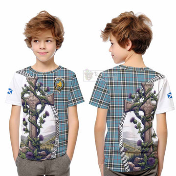 Tartan Vibes Clothing Thompson (Thomson) Tartan Kid T-Shirt with Family Crest and St. Andrew's Cross Accented by Thistle Vines